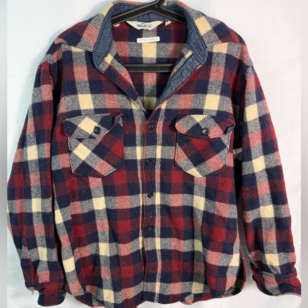 Vintage 70s Woolrich Flannel Button Down Shirt Plaid Burgundy Navy Size Large